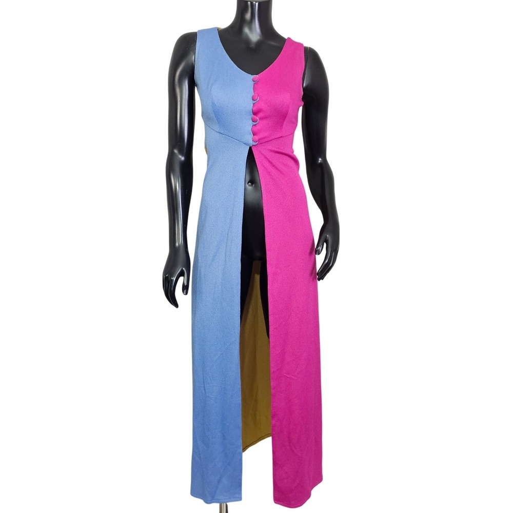 Vintage 70s ESTIVO Colorblock Maxi Duster Vest Open Front‎ Mod Disco Hostess S